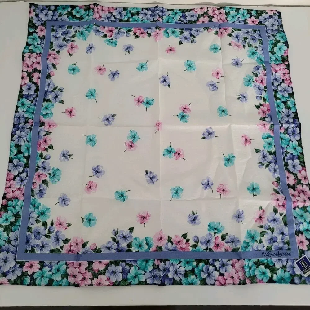 Yves‎ Saint Laurent Vintage Silk Square Neck Scarf Floral Small Handkerchief 18